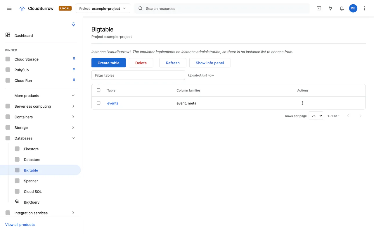 The Bigtable query builder in the local console
