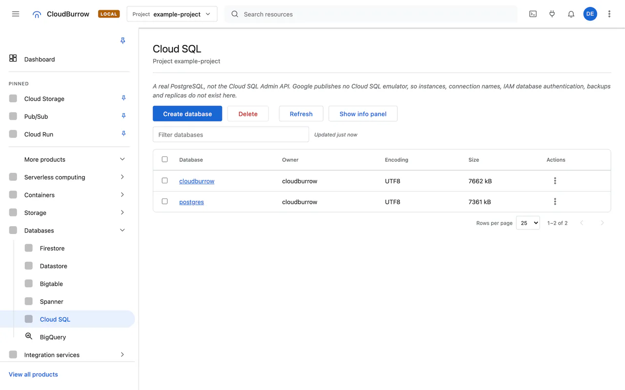 The read-only Cloud SQL editor in the local console