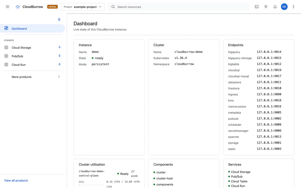 The CloudBurrow console dashboard, labelled LOCAL, with the enabled services and recent activity