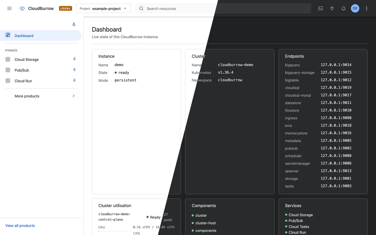 The console dashboard in its light and dark themes, split on a diagonal