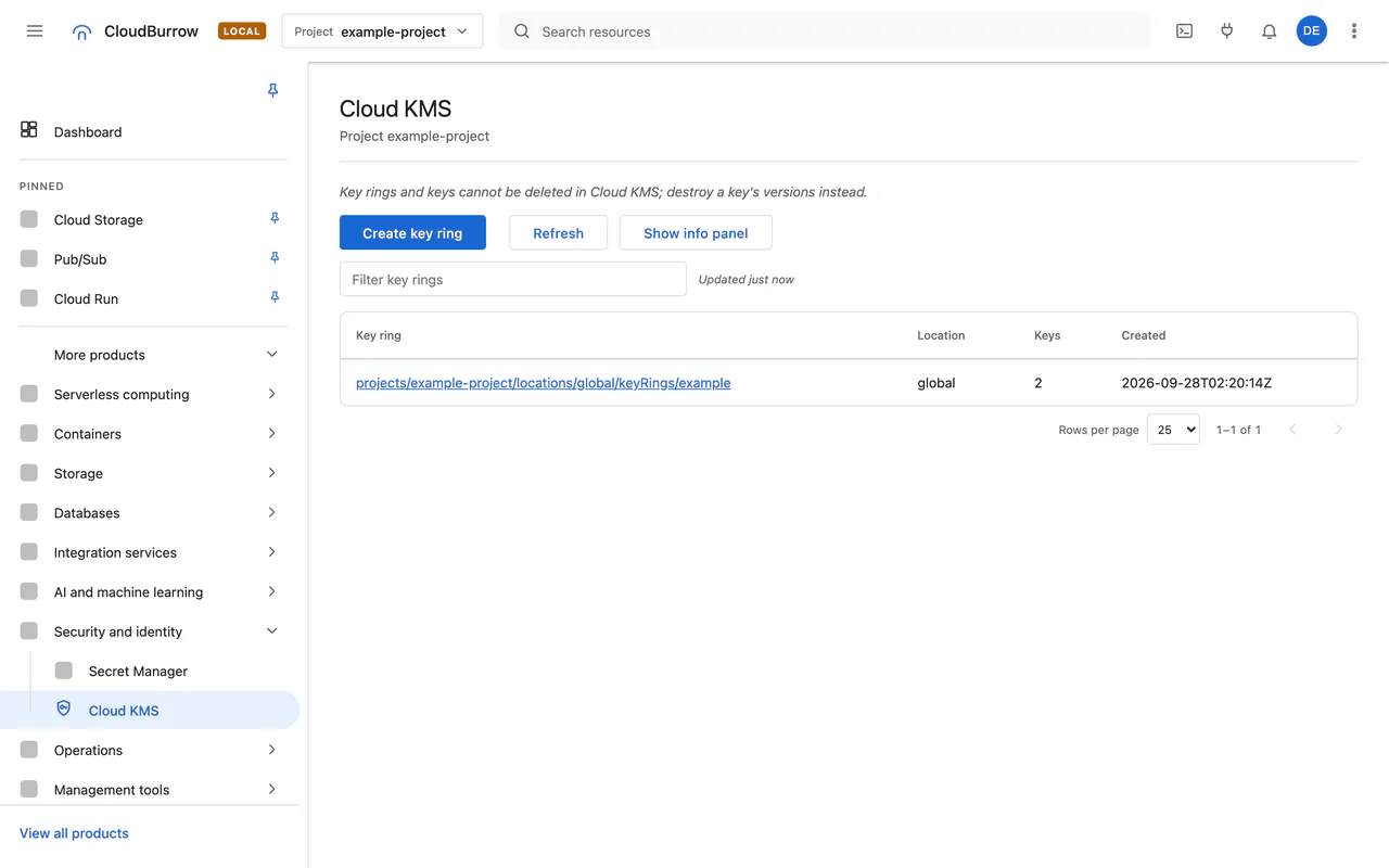 Cloud KMS key rings in the local console