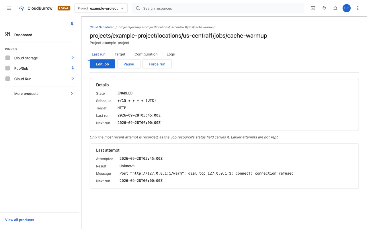 A Cloud Scheduler job, its target and its last run