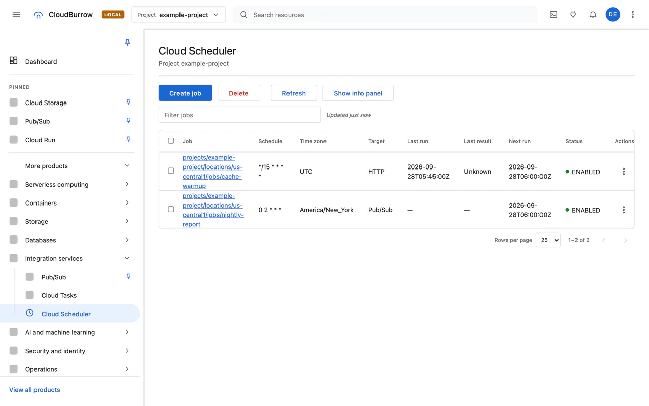 Cloud Scheduler jobs with their schedules and targets