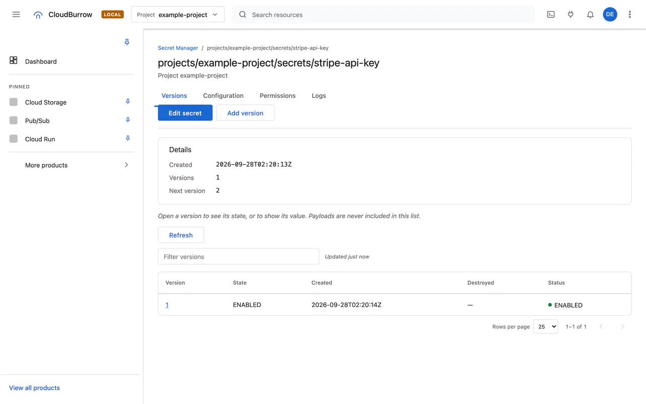 A secret and its versions; payloads are never listed