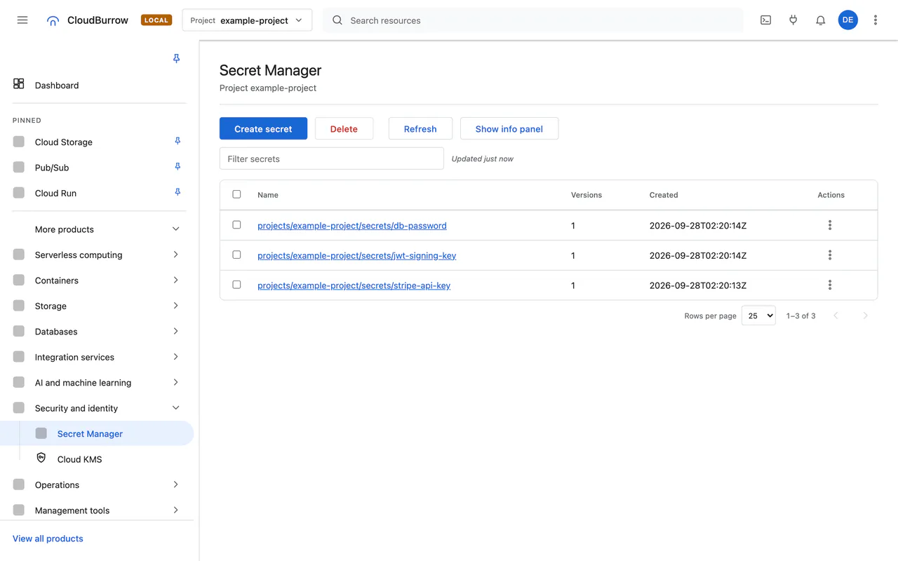 Secret Manager secrets, listed without their values
