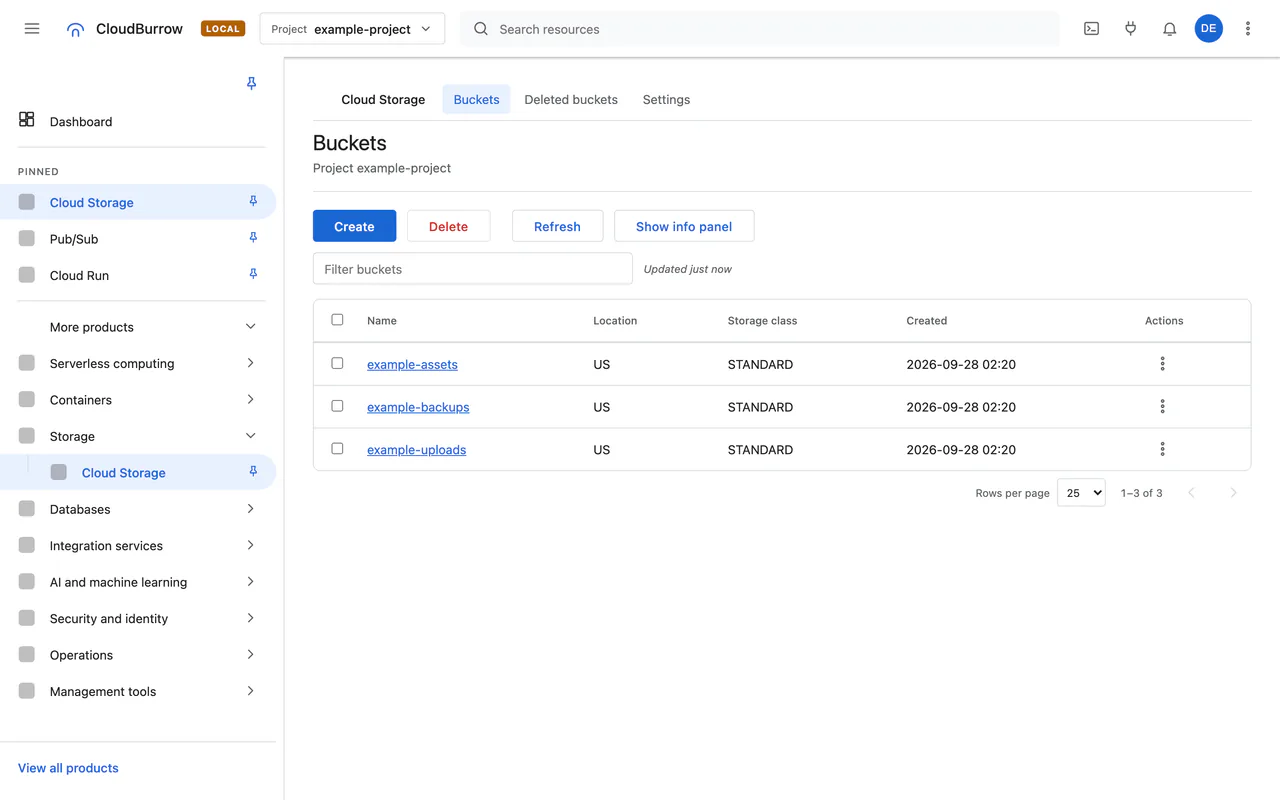 Cloud Storage buckets listed in the local console