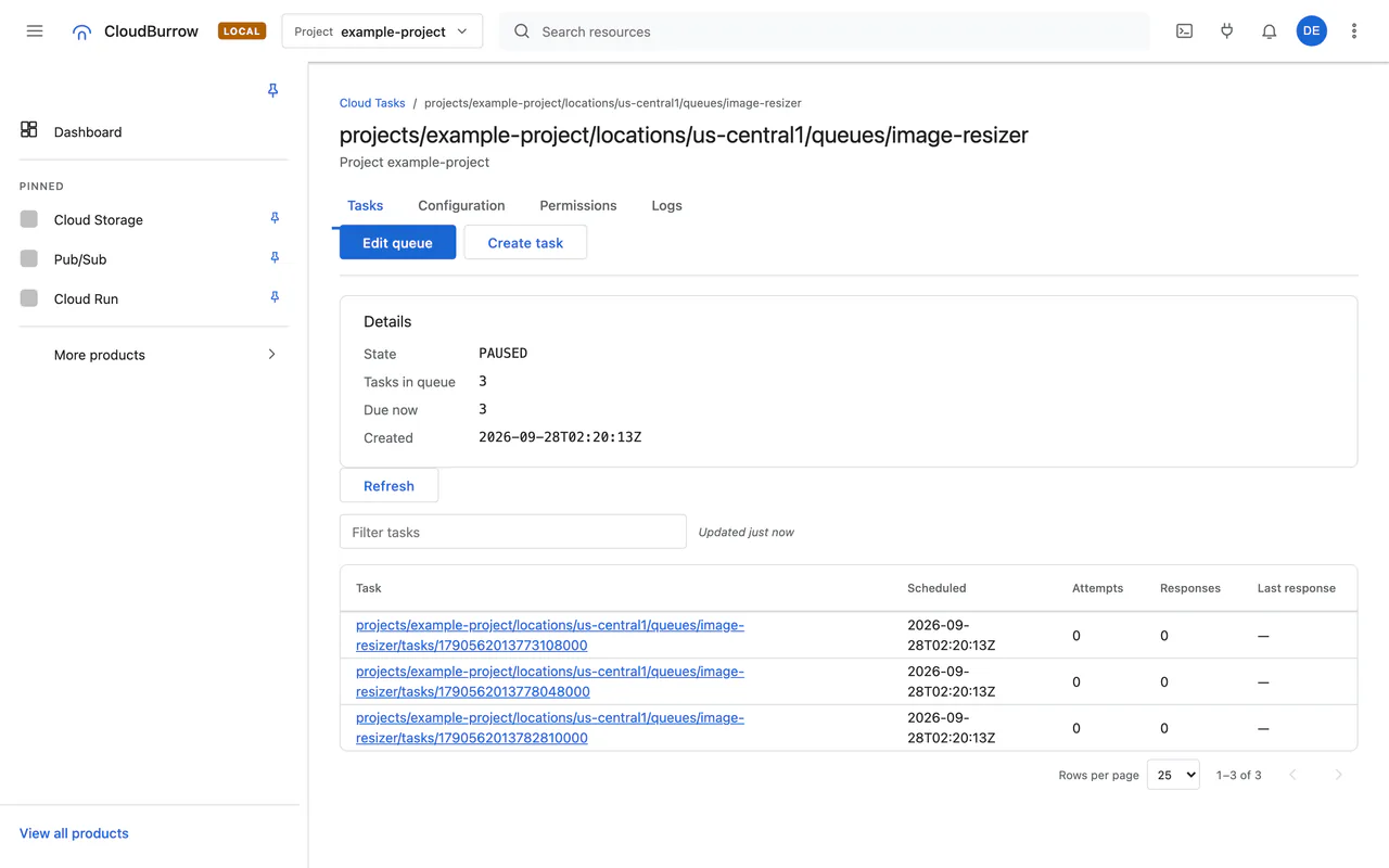 A Cloud Tasks queue with the tasks waiting in it