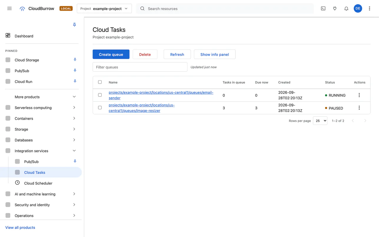Cloud Tasks queues in the local console